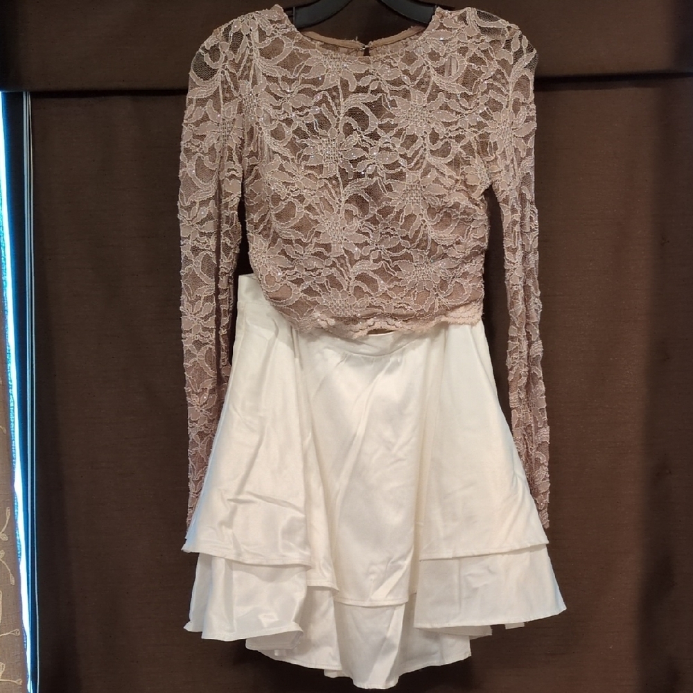 Lace Long Sleeve Top and White Skirt Set